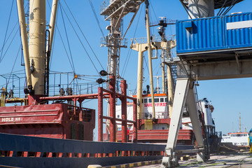 Port grain elevator close up. Industrial sea trading port bulk cargo zone grain terminal