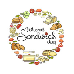 National Sandwich Day card. Vector set isolated on white.