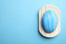 Holder With Soap Bar On Color Background, Top View. Space For Text