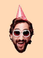 Wall Mural - young crazy bearded man cutout head expression isolated. birthday party role. happy pose