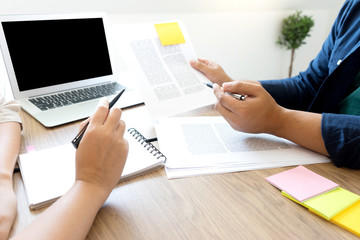 Poster - woman and man work for education or business on the table