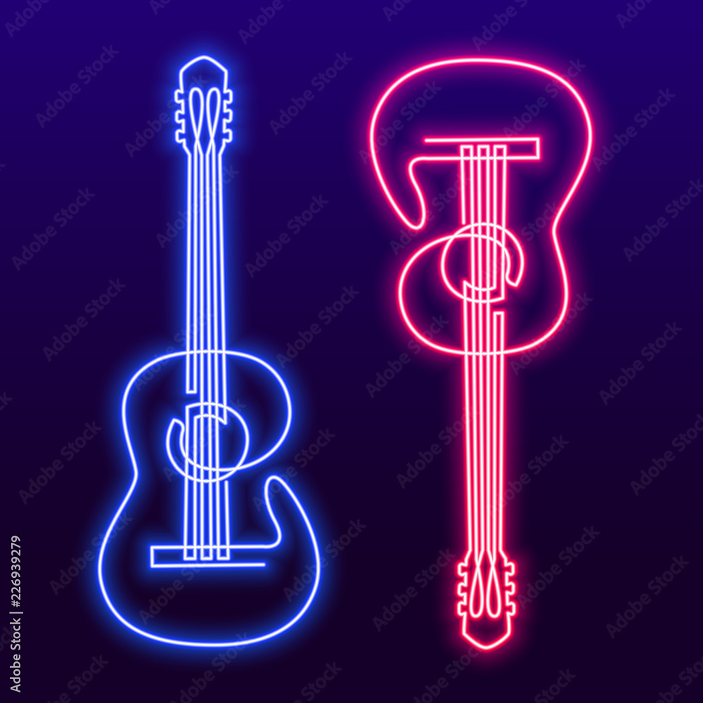 Neon pink blue light lamp continuous line drawing of acoustic guitar vector. Musical instrument single line for decoration, design, invitation jazz festival, music shop - obrazy, fototapety, plakaty 