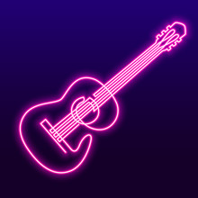 Neon Pink Light Lamp Continuous Line Drawing Of Acoustic Guitar Vector. Musical Instrument Single Line For Decoration, Design, Invitation Jazz Festival, Music Shop