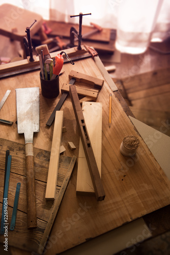 Woodworking Project On Work Bench Bu A Window With Saw C Clamps
