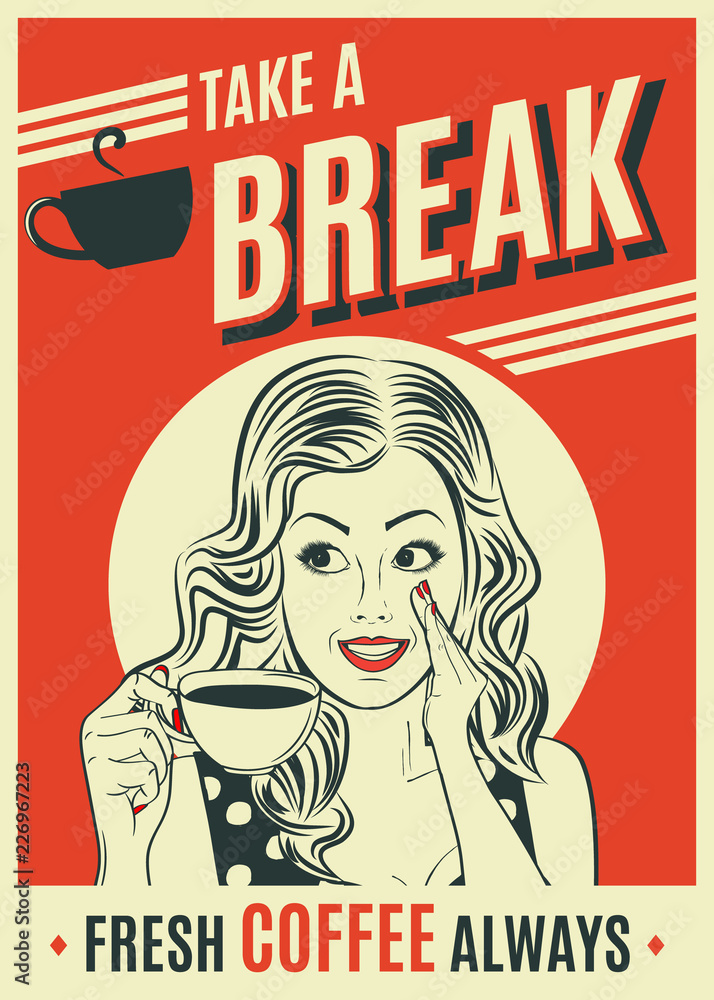 advertising coffee retro poster with pop art woman - obrazy, fototapety, plakaty 
