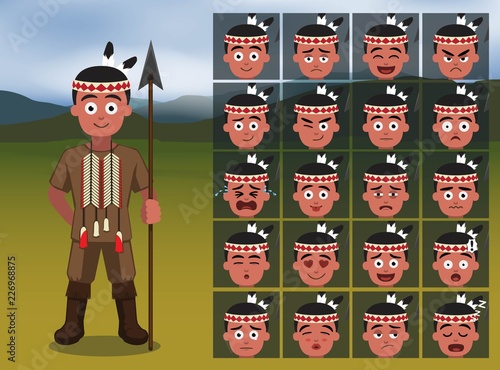 Native American Boy Cartoon Emotion faces Vector Illustration