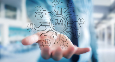 Businessman using thin line social network icons interface