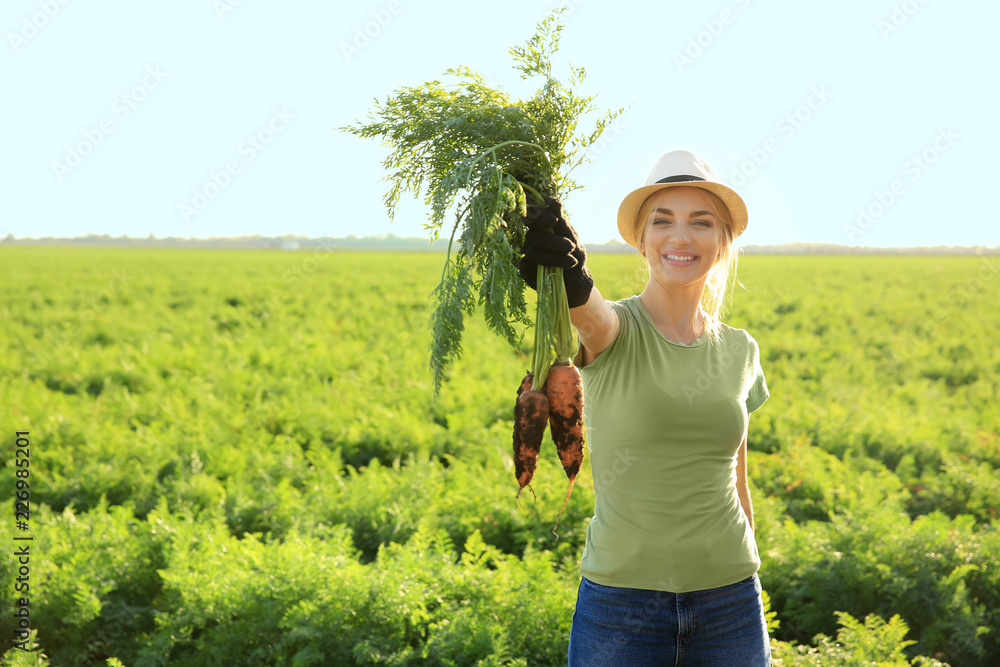 Female farmer with gathered carrot in field