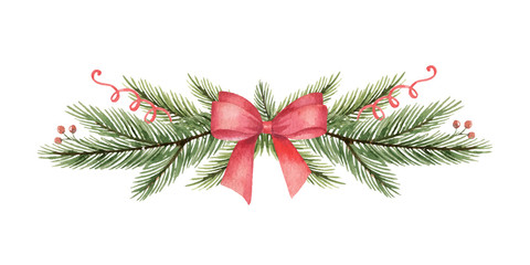 watercolor vector christmas wreath with green fir branches and red bow.