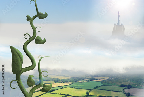 Foto giant beanstalkrising through clouds with palace in backgrouund