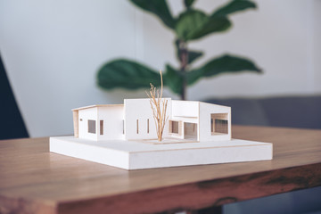 Wall Mural - An architecture model on wooden table in office with blur nature background