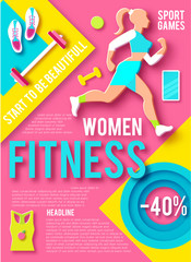 Woman Fitness Poster Template. Sport Motivation. Paper 3D Art. Workout girl. Sports and Health Care Flyer. Gym Design.
