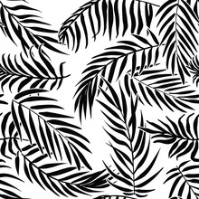 Black Palm Leaves On White Background. Tropical Silhouette Seamless Vector Pattern.