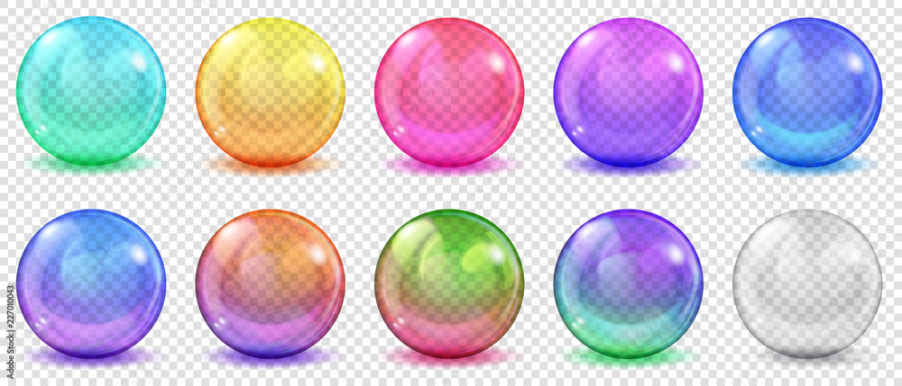 Set of translucent colored spheres with glares and shadows on transparent background. Transparency only in vector format - obrazy, fototapety, plakaty 
