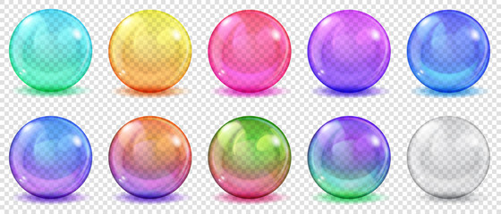 set of translucent colored spheres with glares and shadows on transparent background. transparency o