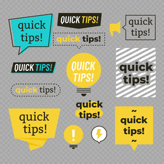 Poster - Quick tips, helpful tricks logos, emblems and banners vector set isolated on transparent background. Vector illustration