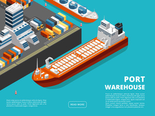 Sticker - Sea transportation horizontal sea freight and shipping background with isometric seaport, ships, containers. Vector illustration