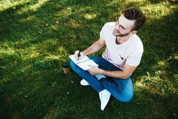 high angle view of handsome man making notes on green grass in park