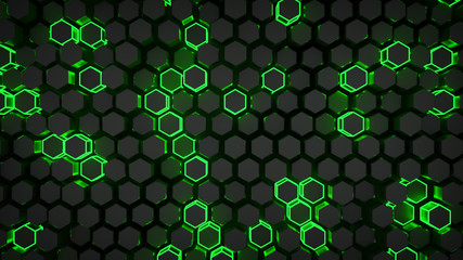 Poster - Wall of glowing green hexagons 3D rendering