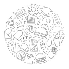 Sticker - Fast food circle background from line icon. Linear vector pattern. Vector illustration