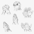 Set of human hands folded in prayer. Hand drawn vector illustration