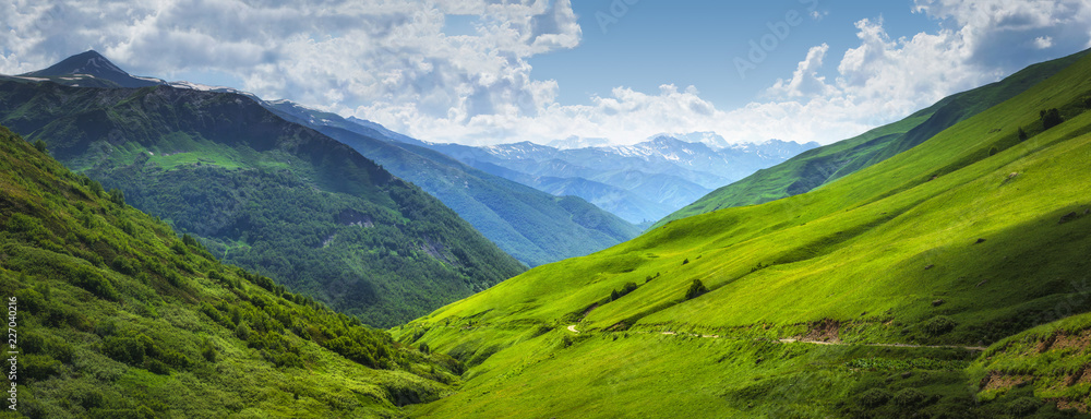 Vibrant mountain landscape. Green meadows on the high hills in Georgia, Svaneti region. Panoramic view on grassy highlands on sunny summer day. Caucasus mountains. Idyllic nature. Alpine valley - obrazy, fototapety, plakaty 