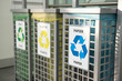 Recycling concept. bins for different garbage. Waste management concept. Waste segregation. Separation of waste on garbage cans. Sorting waste for recycling. Disposal waste. Colored bins with trash.