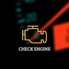 Check engine light on defocused dashboard background. Vector illustration