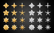 Set of realistic metallic golden and silver stars of different shapes isolated on a black background