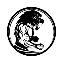 Wall Mural - Sign of muscular athlete fighter with lion head.