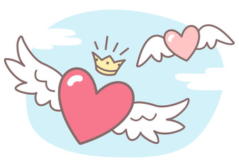 Hearts with wings, sky with clouds. Valentines Day vector illustration. Cute cartoon style picture. Winged hearts, shining crown, blue sky background with clouds.