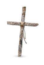 The Cross Is Made Of Old Wood And Has A Rope Tied At The Core. Isolated On White Background.