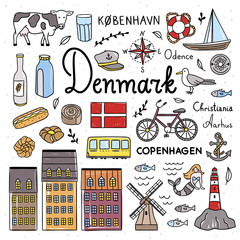 Denmark symbols and cute icons illustrations. Hand drawn Denmark and Copenhagen objects outline color drawings. Travel elements collection