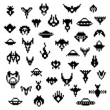 Fototapeta  - Pixel alien spaceships, a vector set of retro style 8 bit icons, old school pixel art space game sprites, various classic invaders ship silhouettes isolated on white
