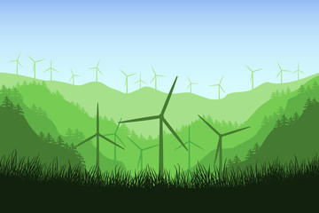 Wind turbines on a mountains background in the forest. Vector green energy concept. A wind farm in a beautiful landscape. Windmill ecological renewable power. File eps10.