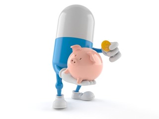 Wall Mural - Pill character holding piggy bank