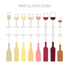 Wine Glasses And Bottles Guide Infographic. Colorful Vector Wine Glass And Wine Bottle Types Icons. Types Of Wine Info Chart