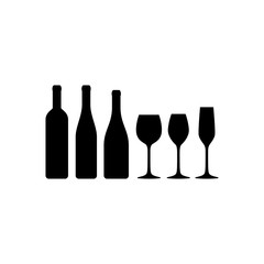 Basic wine glasses and wine bottles vector silhouette icons. Wine glass and wine bottle types.