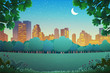 Vector illustration of central park with skyscrapers background at night.