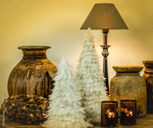 Lamp On Table With Christmas Decoration Winter Still Life With