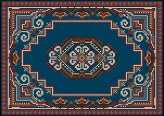 Vintage luxurious motley carpet in blue  and  red shades with  pattern on a  blue field in the center
