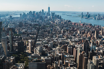 Aerial view of New York City - USA. Manhattan downtown skyline and skyscrapers from the Empire State Building in the morning.