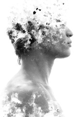 Paintography. Double exposure of an attractive model combined with hand drawn ink paintings with depth and texture, black and white