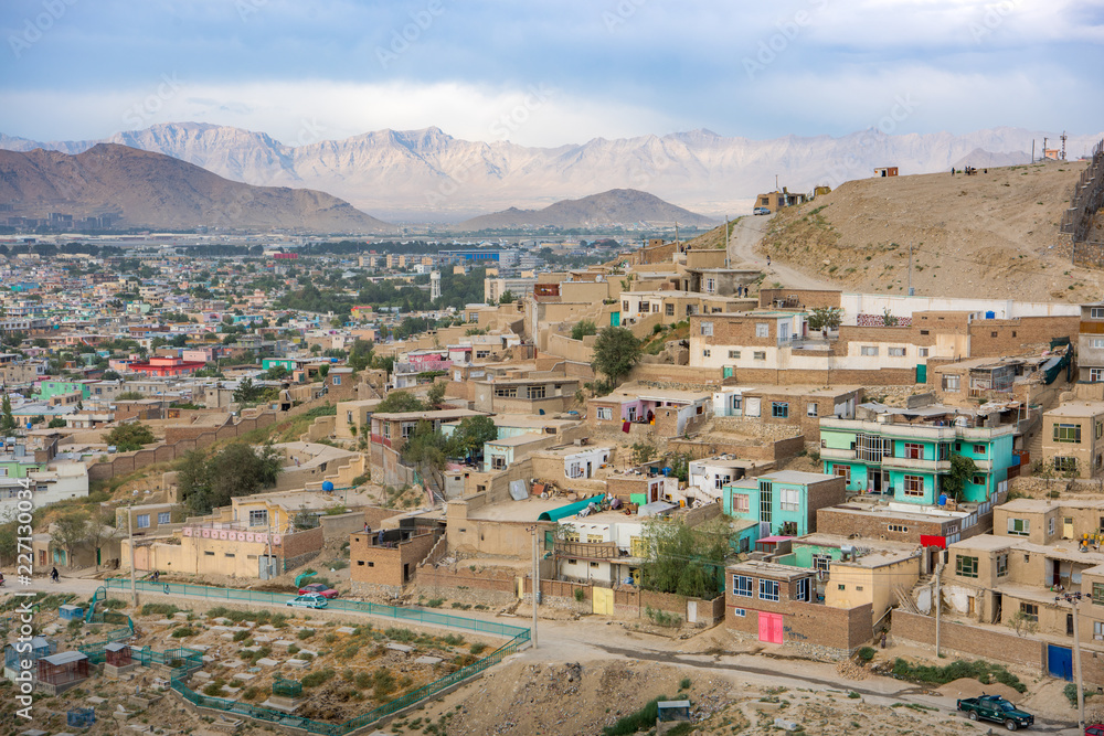 Poster Foto Kabul Afghanistan City Scape Skyline Mosque And Kabul Hills Mountains With Hous Koop Op Europosters Nl