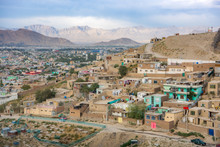 Kabul Afghanistan City Scape Skyline, Mosque And Kabul Hills Mountains With Houses And Buildings