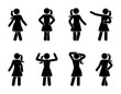 © Cherstva - Stick figure women posing icon set. Standing young lady front view posture pictogram