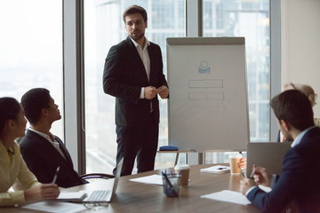 Canvas Print - Focused male employee present startup project on flipchart during briefing in office, successful mentor coach workers, making presentation on whiteboard at meeting, team leader report on work results