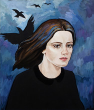 A Girl With Birds In Sky Painted Gouache