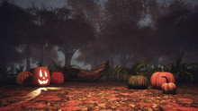 Jack-o-lantern Carved Halloween Pumpkins On A Ground Covered By Fallen Autumnal Leaves In Spooky Autumn Forest At Foggy Dusk Or Night. Fantasy 3D Illustration.