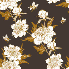 Vintage flowers peonies. Seamless pattern. Vector Illustration for phone case, fabrics, textiles, interior design, cover, paper, gift packaging.